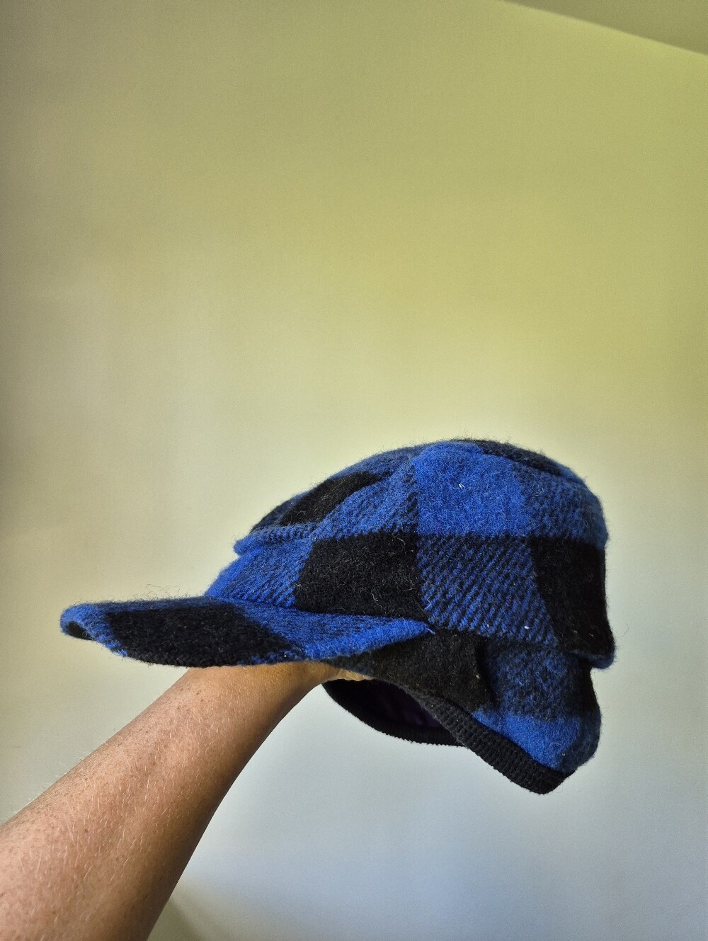 Vintage Wool Blend Plaid Cap With Ear Flaps Canadian Made Blue And Black